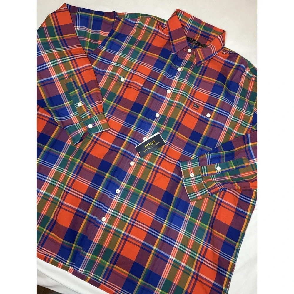 Polo Ralph Lauren Oxford Button Down Long Sleeve Shirt Plaid Orange 3XB NWT $125